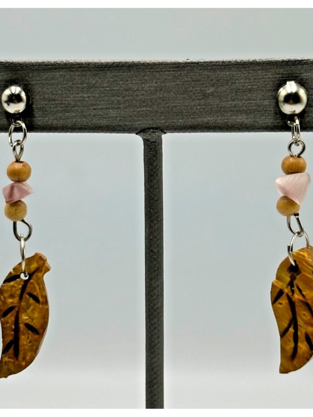 3/$30 Leaf Carved Earrings Wood Beads Dangle Boho Natural Earth Tone Pierced 2"